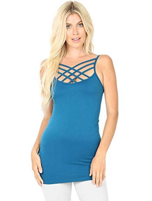 Women Sexy Criss Cross Front Spaghetti Strap Basic Round HollowOut Neck Seamless Camisole Tank Top