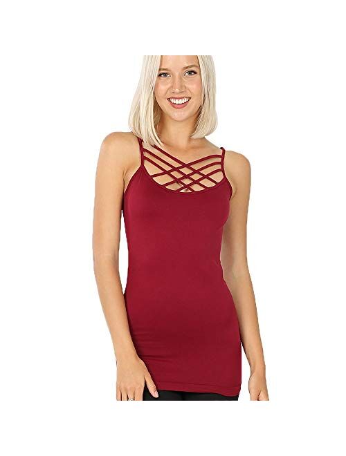 Women Sexy Criss Cross Front Spaghetti Strap Basic Round HollowOut Neck Seamless Camisole Tank Top