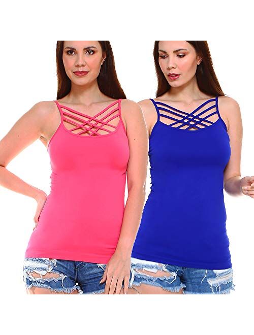 Women Sexy Criss Cross Front Spaghetti Strap Basic Round HollowOut Neck Seamless Camisole Tank Top