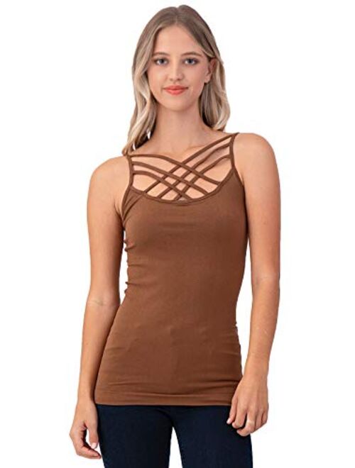 Women Sexy Criss Cross Front Spaghetti Strap Basic Round HollowOut Neck Seamless Camisole Tank Top