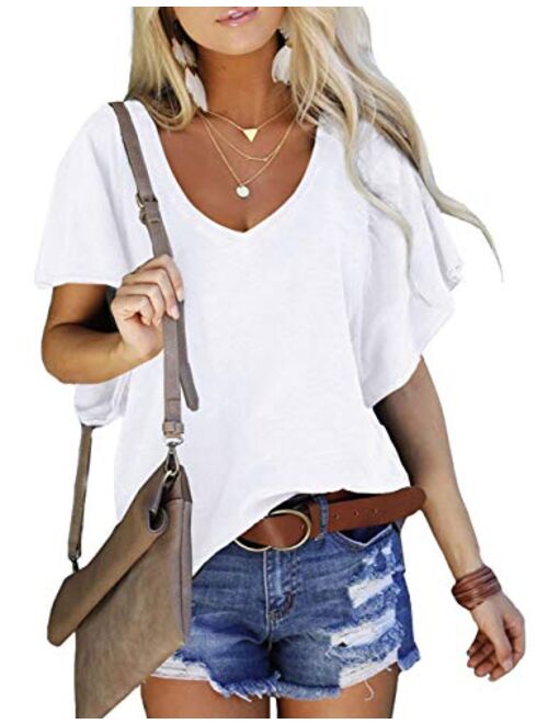 NIASHOT Women Tops V Neck Short Sleeve Casual Plain Soft Summer Loose Fit Tees