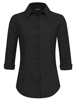 Women's Solid 3/4 Sleeve Stretchy Button Down Collared Office Formal Casual Blouse (S~3XL)