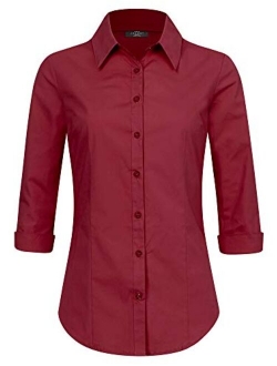 Women's Solid 3/4 Sleeve Stretchy Button Down Collared Office Formal Casual Blouse (S~3XL)