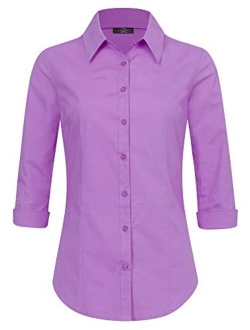 Women's Solid 3/4 Sleeve Stretchy Button Down Collared Office Formal Casual Blouse (S~3XL)