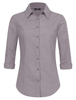 Women's Solid 3/4 Sleeve Stretchy Button Down Collared Office Formal Casual Blouse (S~3XL)