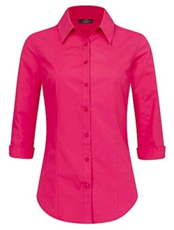 Women's Solid 3/4 Sleeve Stretchy Button Down Collared Office Formal Casual Blouse (S~3XL)