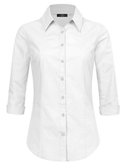 Women's Solid 3/4 Sleeve Stretchy Button Down Collared Office Formal Casual Blouse (S~3XL)