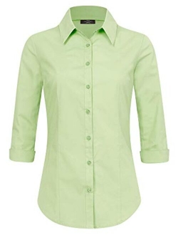 Women's Solid 3/4 Sleeve Stretchy Button Down Collared Office Formal Casual Blouse (S~3XL)