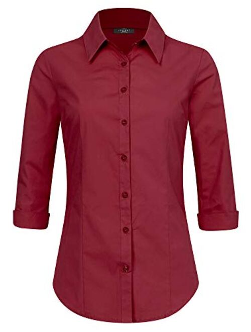 Made By Johnny Women's Solid 3/4 Sleeve Stretchy Button Down Collared Office Formal Casual Blouse (S~3XL)