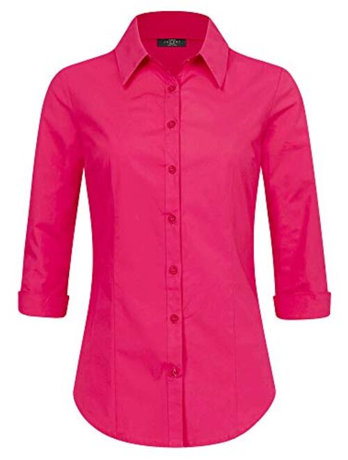 Made By Johnny Women's Solid 3/4 Sleeve Stretchy Button Down Collared Office Formal Casual Blouse (S~3XL)