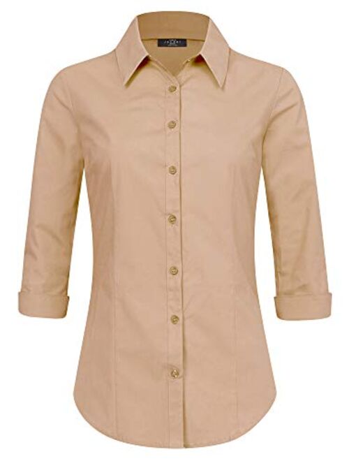 Made By Johnny Women's Solid 3/4 Sleeve Stretchy Button Down Collared Office Formal Casual Blouse (S~3XL)