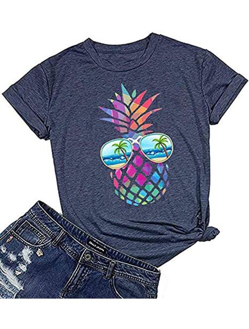 Kauilry Womens Pineapple Printed T Shirt Casual Summer Casual Short Sleeve Graphic Tees Tops Blouse