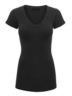 Lock and Love Women's Basic Slim Fitted Short Sleeve Casual V Neck Cotton T Shirt