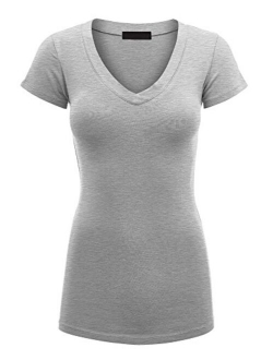 Lock and Love Women's Basic Slim Fitted Short Sleeve Casual V Neck Cotton T Shirt