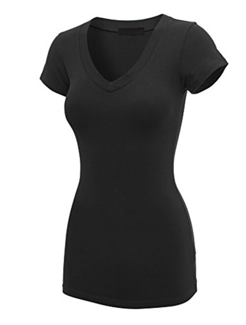 Lock and Love Women's Basic Slim Fitted Short Sleeve Casual V Neck Cotton T Shirt