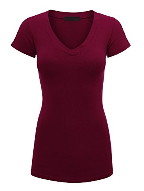 Lock and Love Women's Basic Slim Fitted Short Sleeve Casual V Neck Cotton T Shirt