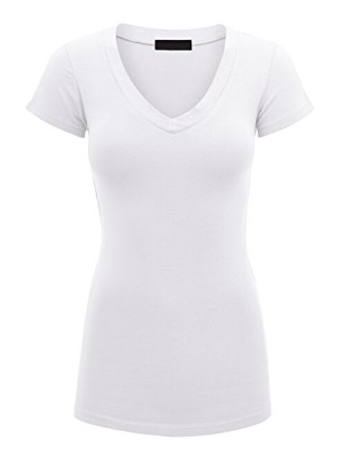 Lock and Love Women's Basic Slim Fitted Short Sleeve Casual V Neck Cotton T Shirt