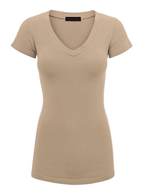 Lock and Love Women's Basic Slim Fitted Short Sleeve Casual V Neck Cotton T Shirt