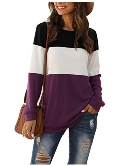 Locryz Womens Color Block Long Sleeve Round Neck Shirts Pullover Sweatshirt Tops