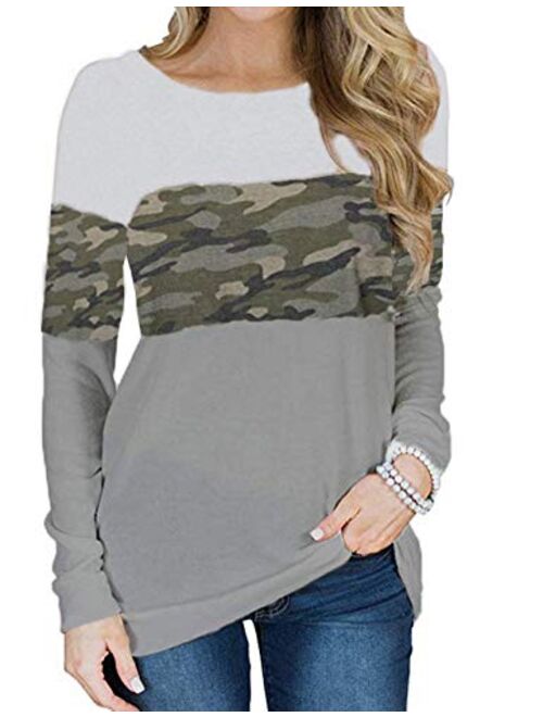 Locryz Womens Color Block Long Sleeve Round Neck Shirts Pullover Sweatshirt Tops