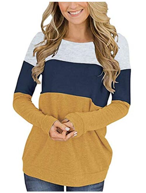 Locryz Womens Color Block Long Sleeve Round Neck Shirts Pullover Sweatshirt Tops