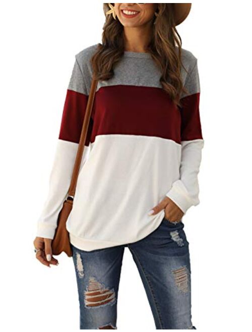 Locryz Womens Color Block Long Sleeve Round Neck Shirts Pullover Sweatshirt Tops