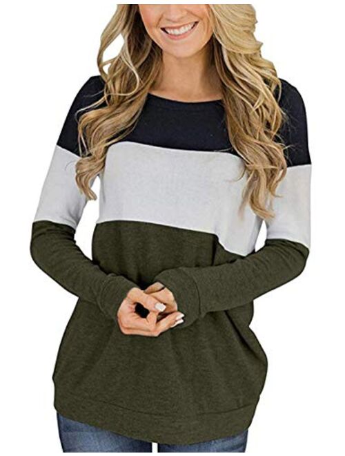 Locryz Womens Color Block Long Sleeve Round Neck Shirts Pullover Sweatshirt Tops