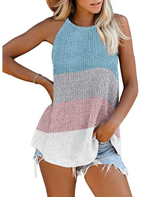 AlvaQ Women Summer Striped Halter Tank Tops Loose Casual Sleeveless Shirts Camis