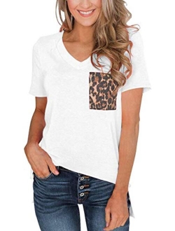 SVALIY Womens Summer Short Sleeves Casual Loose V Neck T Shirts Basic Tops Leopard Pocket