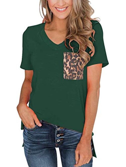 SVALIY Womens Summer Short Sleeves Casual Loose V Neck T Shirts Basic Tops Leopard Pocket