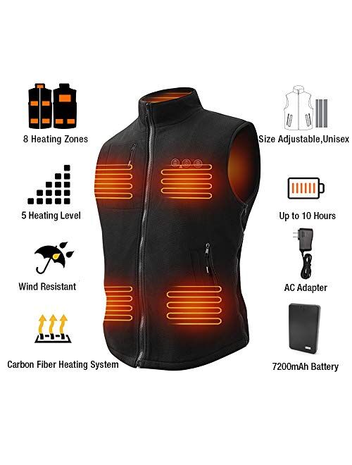 Heated Vest for Men, ARRIS Size Adjustable 7.4V Electric Warm Vest 8 Heating Panels with Battery Pack