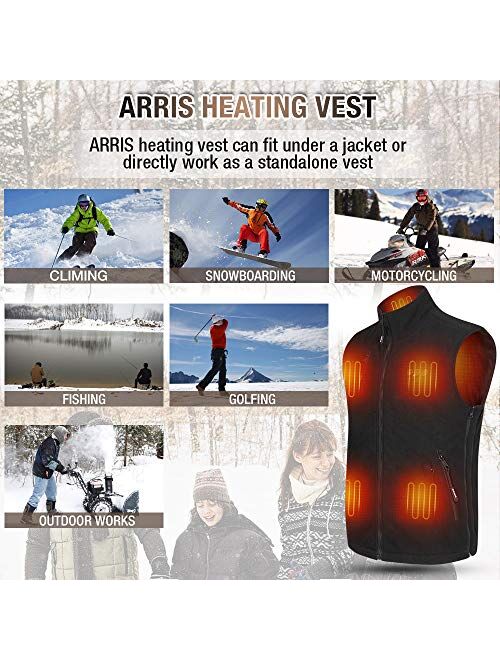 Heated Vest for Men, ARRIS Size Adjustable 7.4V Electric Warm Vest 8 Heating Panels with Battery Pack