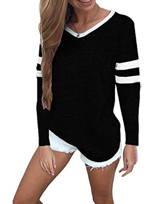 Sweetnight Womens Long Sleeve V Neck T Shirts Casual Loose Fit Color Block Tops Baseballl Tee Shirts