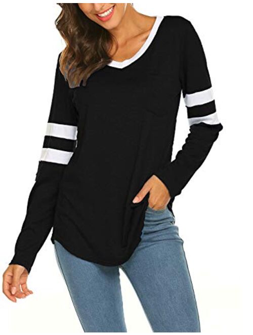 Sweetnight Womens Long Sleeve V Neck T Shirts Casual Loose Fit Color Block Tops Baseballl Tee Shirts