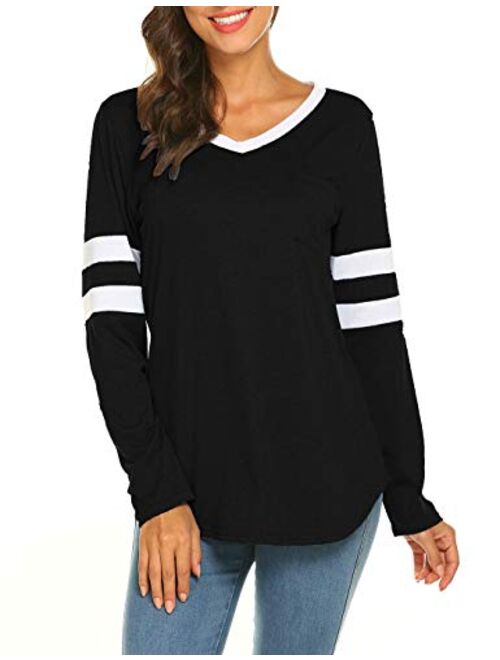 Sweetnight Womens Long Sleeve V Neck T Shirts Casual Loose Fit Color Block Tops Baseballl Tee Shirts