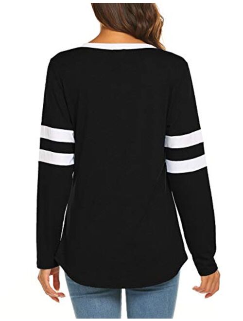 Sweetnight Womens Long Sleeve V Neck T Shirts Casual Loose Fit Color Block Tops Baseballl Tee Shirts