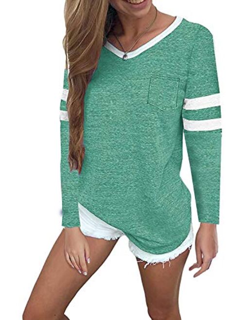 Sweetnight Womens Long Sleeve V Neck T Shirts Casual Loose Fit Color Block Tops Baseballl Tee Shirts