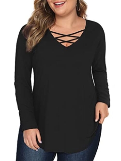 Amoretu Women's Plus Size Tops Short/Long Sleeve Criss Cross V Neck T-Shirt