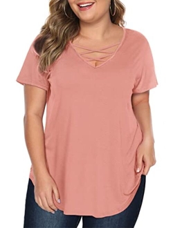 Amoretu Women's Plus Size Tops Short/Long Sleeve Criss Cross V Neck T-Shirt