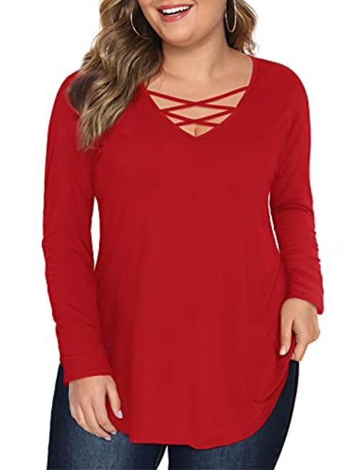 Amoretu Women's Plus Size Tops Short/Long Sleeve Criss Cross V Neck T-Shirt