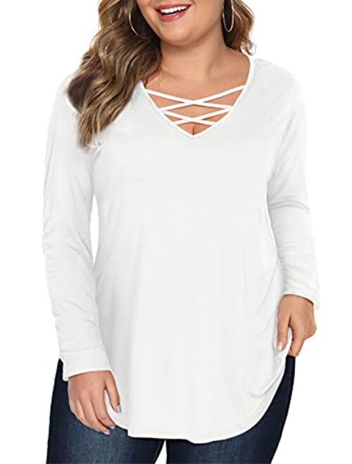 Amoretu Women's Plus Size Tops Short/Long Sleeve Criss Cross V Neck T-Shirt