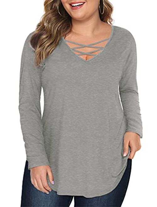 Amoretu Women's Plus Size Tops Short/Long Sleeve Criss Cross V Neck T-Shirt