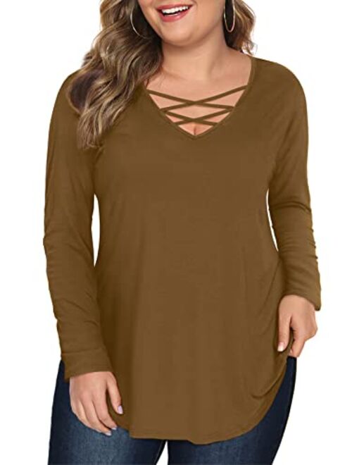 Amoretu Women's Plus Size Tops Short/Long Sleeve Criss Cross V Neck T-Shirt