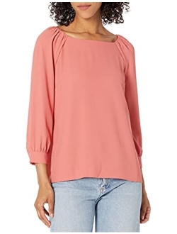 Amazon Brand - Lark & Ro Women's Three Quarter Sleeve Crew Neck Gathered Blouse