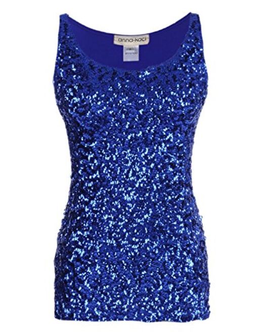 Anna Kaci Anna-Kaci Womens Sparkle & Shine Glitter Sequin Embellished Sleeveless Round Neck Tank Top