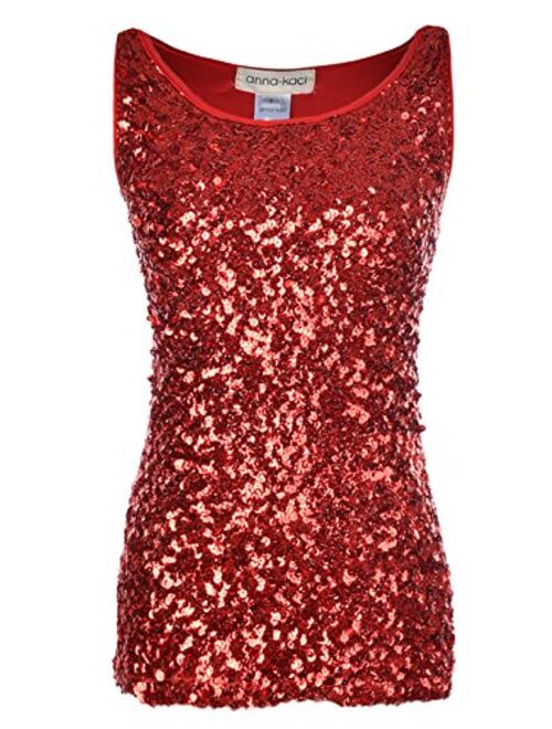 Anna Kaci Anna-Kaci Womens Sparkle & Shine Glitter Sequin Embellished Sleeveless Round Neck Tank Top