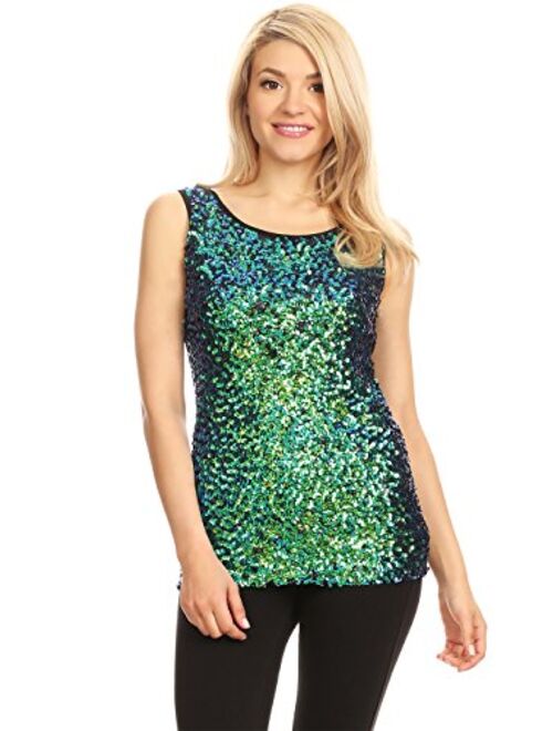 Anna Kaci Anna-Kaci Womens Sparkle & Shine Glitter Sequin Embellished Sleeveless Round Neck Tank Top