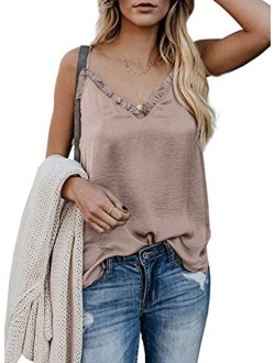 Tiksawon Women's Summer V Neck Strappy Cami Tank Tops Casual Loose Sleeveless Shirts Blouses