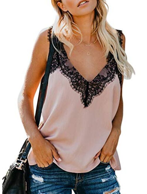 Tiksawon Women's Summer V Neck Strappy Cami Tank Tops Casual Loose Sleeveless Shirts Blouses