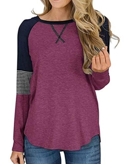 Adibosy Womens Tops Color Block Round Neck Tunic Raglan Shirts Long Sleeve Shirt Blouse